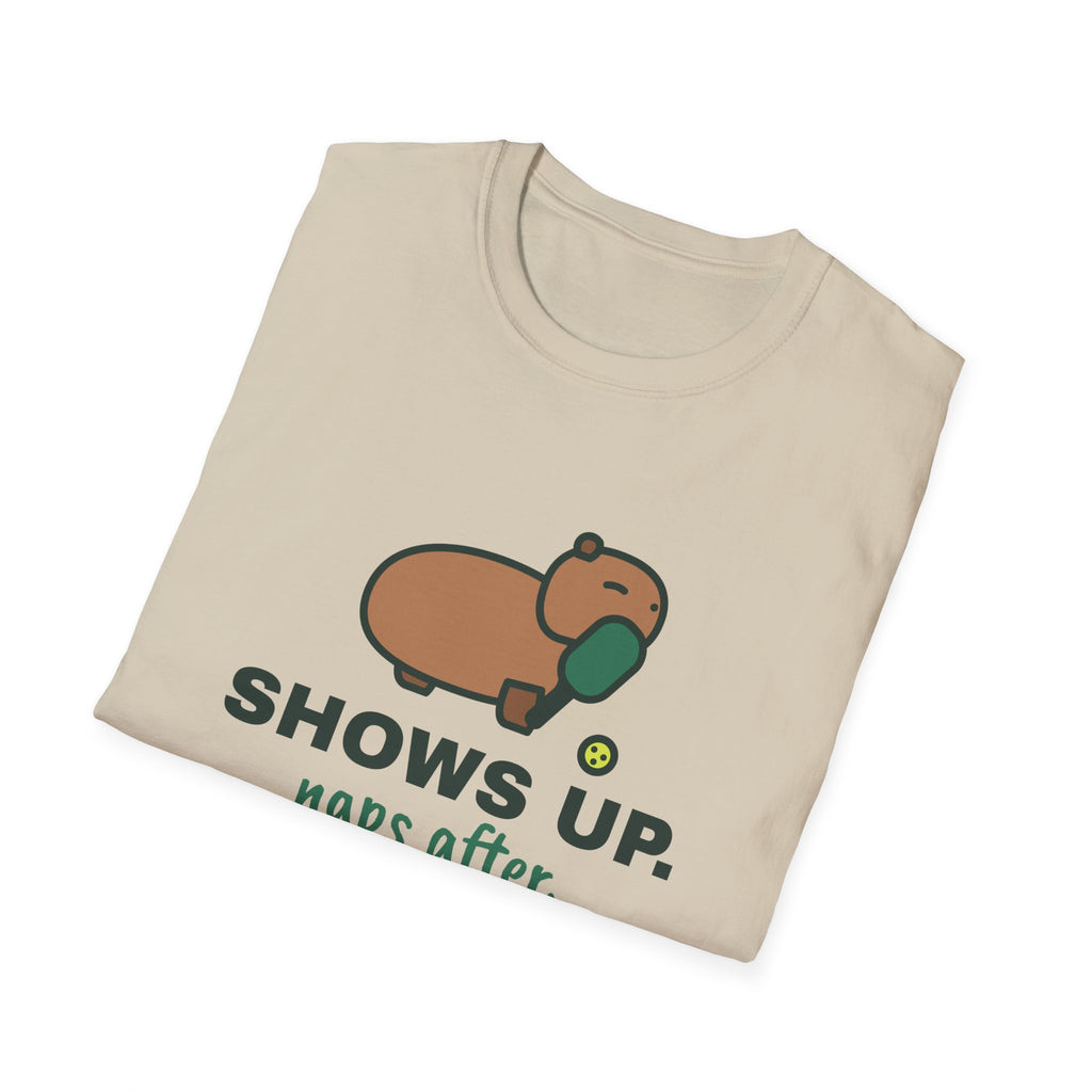 Shows Up. Naps After – Funny Capybara Pickleball T-Shirt