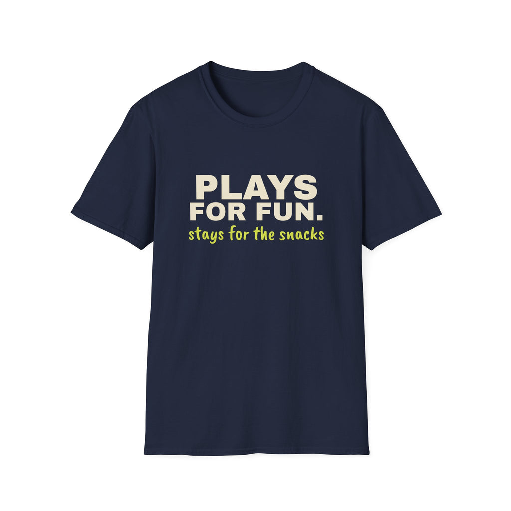 Plays for Fun. Stays for the Snacks – Funny Pickleball T-Shirt